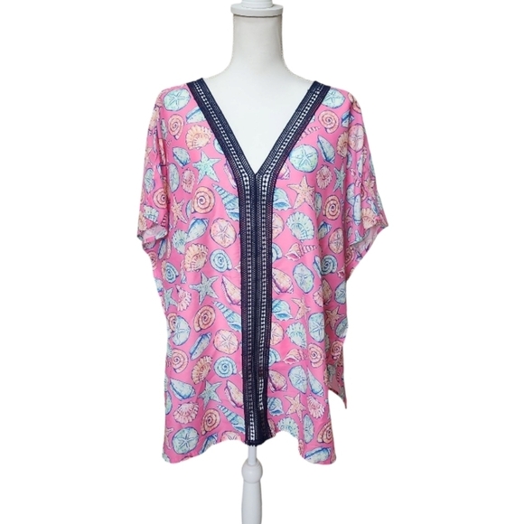 Simply Southern Pink Shell Pattern Beach Swim Coverup Poncho, Size Small Medium - Picture 2 of 12